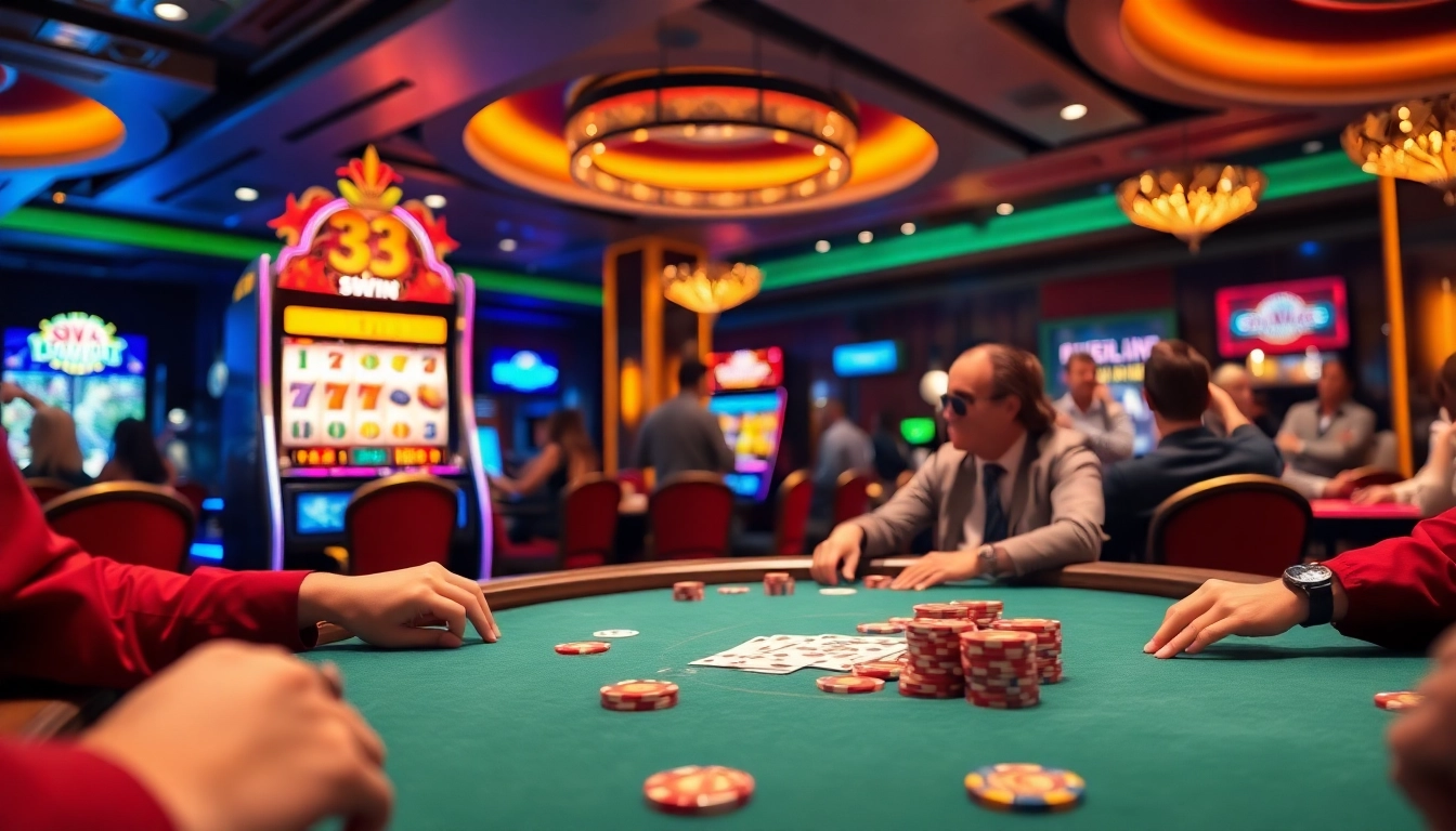 Players enjoying poker at a glamorous casino table highlighting 33win's thrilling gaming experience.