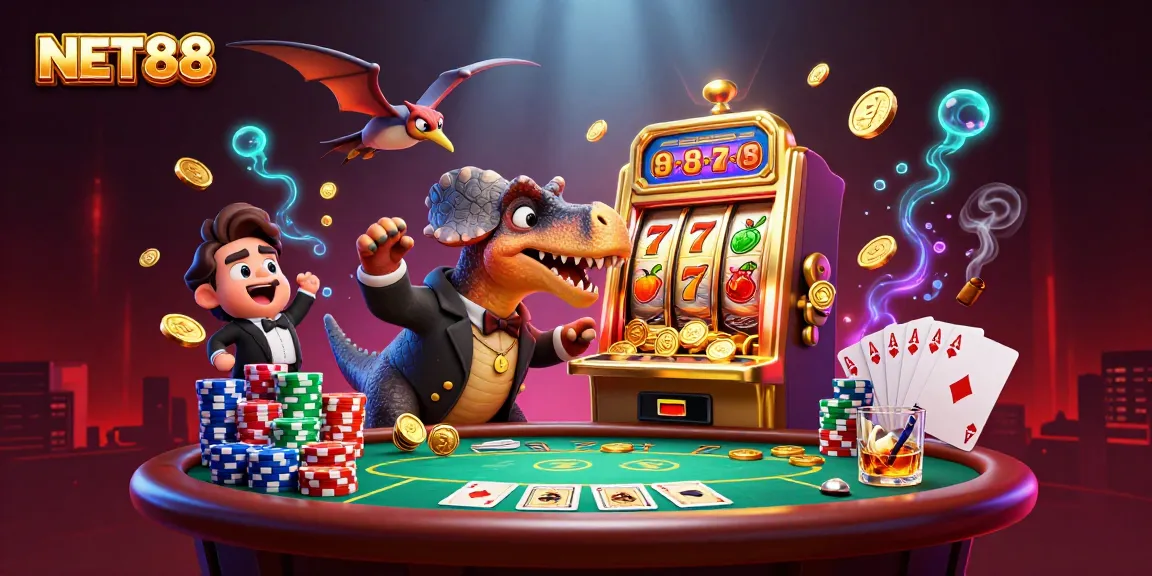 NET88 casino scene with a dinosaur hitting a slot machine amid flying coins and vibrant game elements.