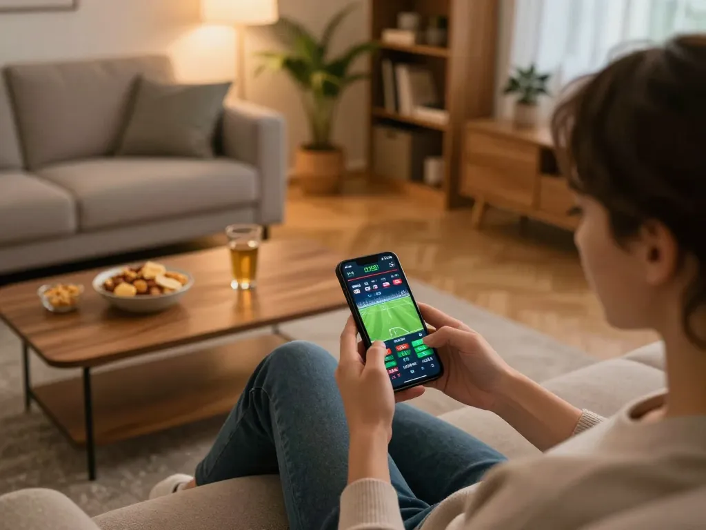 Cakhiatv user engaging in live soccer betting on smartphone in a cozy home setting.