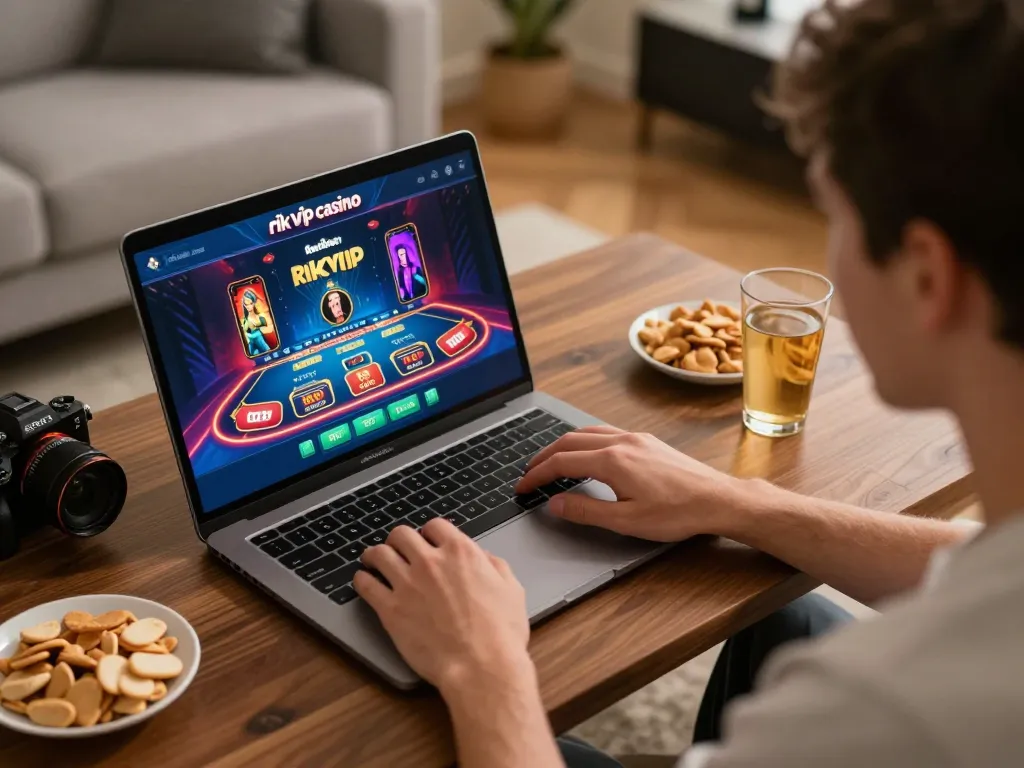 Engaging with rik vip online casino game on laptop in a cozy home setting, achieving responsible gaming.