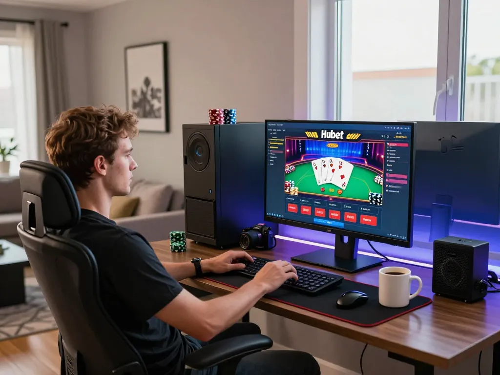 Enjoying Hubet online casino gameplay on a stylish desktop setup with vibrant graphics and poker chips.