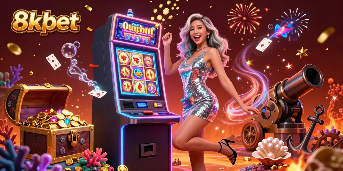 Win big with 8xbet by celebrating at a colorful casino jackpot scene featuring exciting slot machines and festive decor.