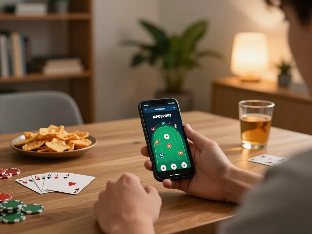 Player engaging with MPOSPORT mobile app for a seamless poker experience at home