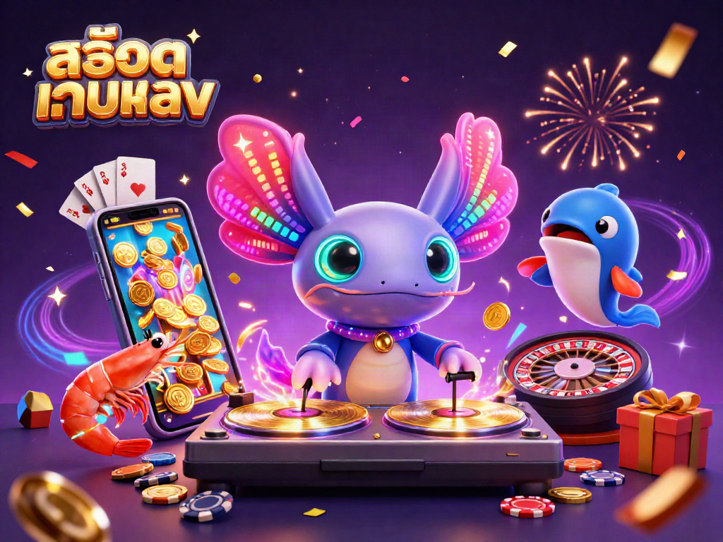 Engage with สล็อตเว็บตรง slot games as vibrant axolotl DJ spins records amid colorful celebratory elements.