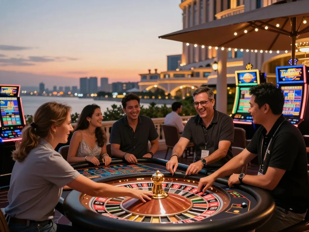 Engage with high-stakes gameplay at dash88 roulette table under warm ambient lights on luxury casino terrace.