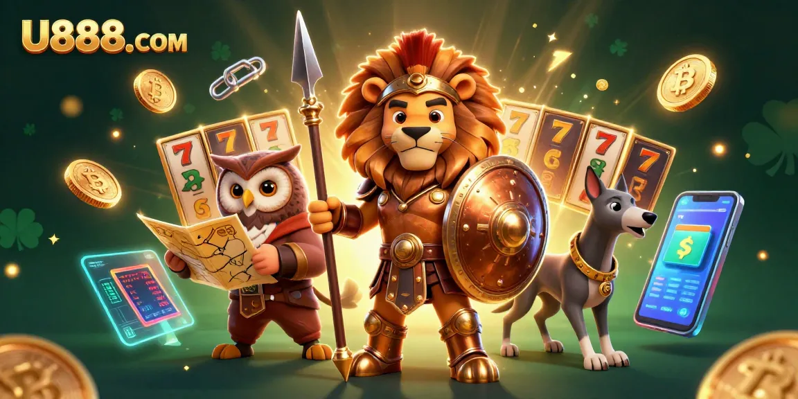 Engage with thrilling slots at U888. COM, featuring a vibrant casino scene with unique characters.