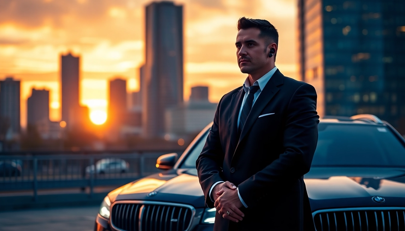 Professional Body Guard Program depicted with a confident bodyguard in a luxurious urban backdrop.