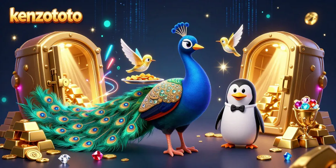 Engage with kenzototo's vibrant world of online gambling, featuring stunning peacock and penguin characters amidst sparkling treasures.