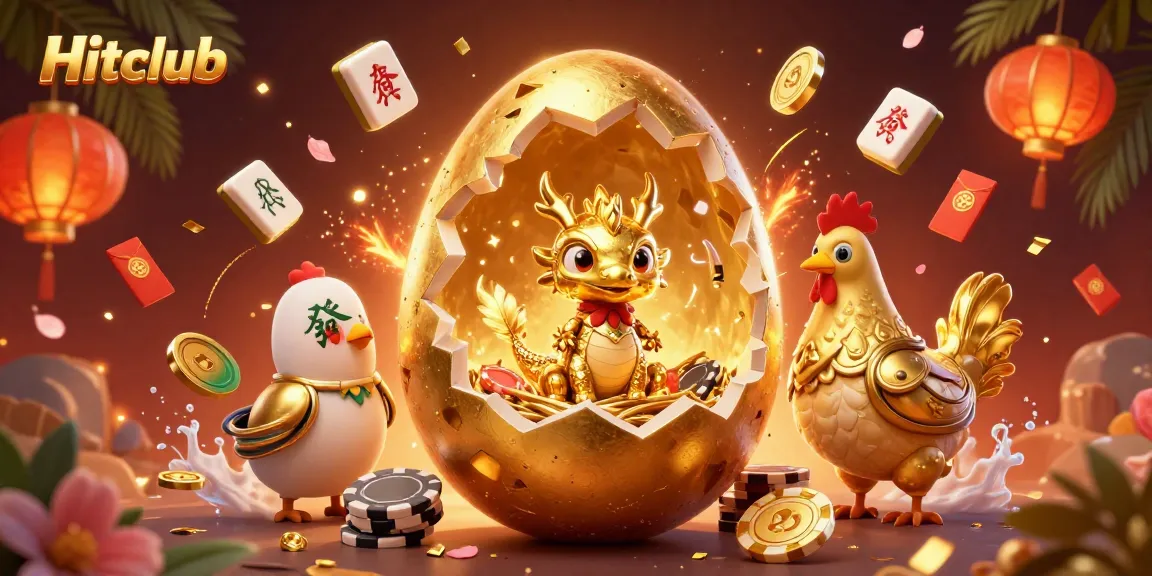 Hitclub showcases a golden dragon and poker chips amidst vibrant gambling symbols and festive elements.