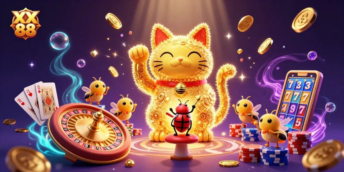 Experience the magic of XX 88 with a vibrant casino scene featuring dazzling fireflies and a lucky cat.