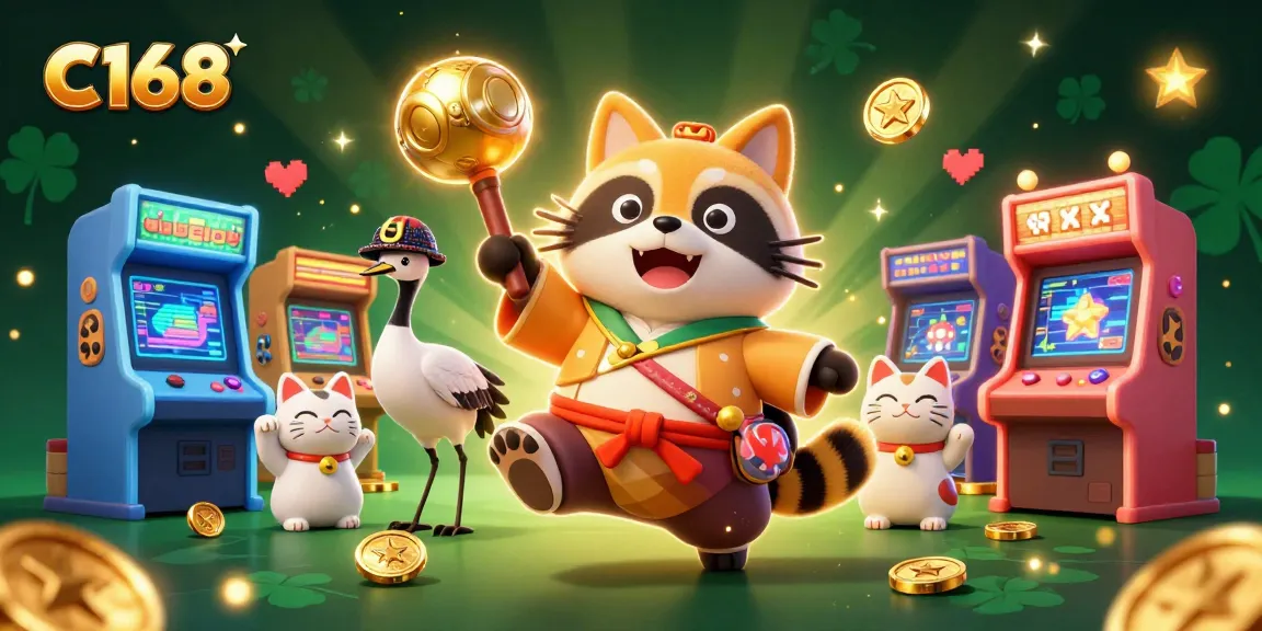 Experience the vibrant C168 gaming scene with tanuki, crane, and maneki-neko amidst colorful casino elements.