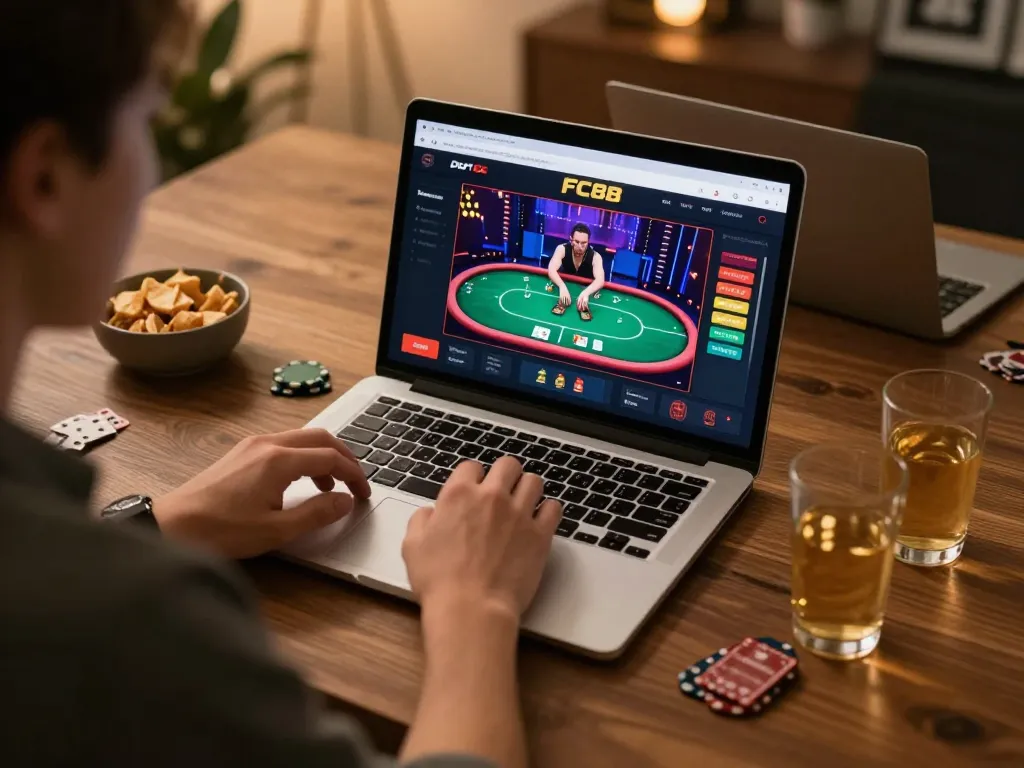 Engaging gameplay on FC88 platform showcasing live dealer poker in a cozy home office