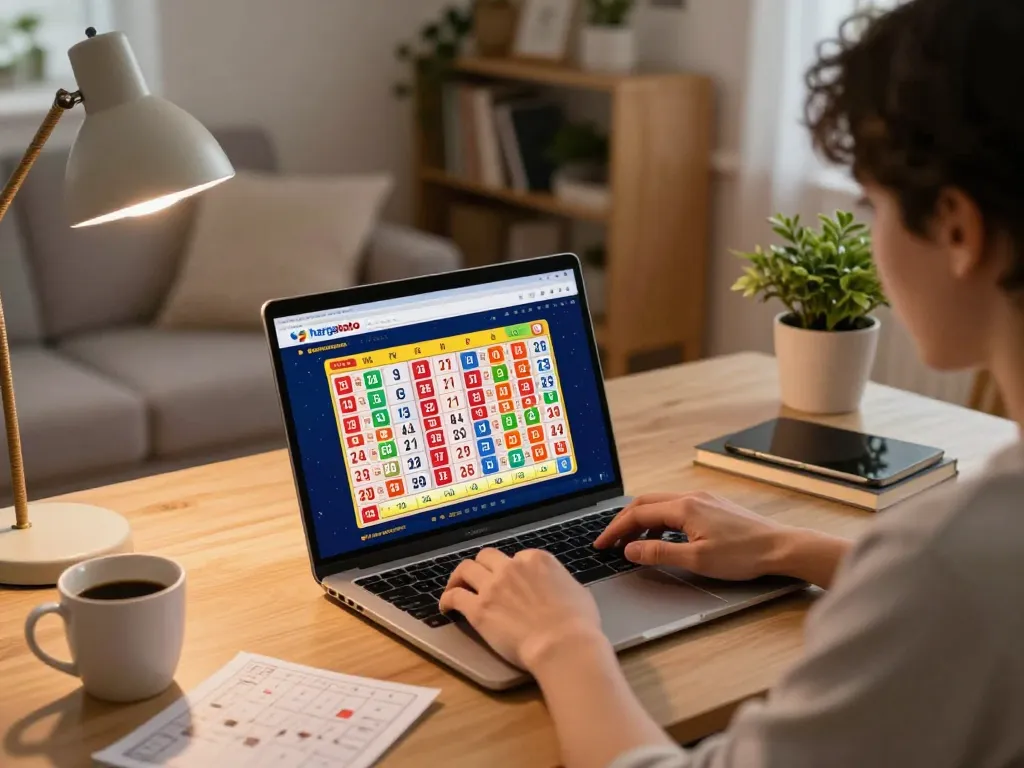 Enjoying lottery gameplay on hargatoto site from a cozy home office.