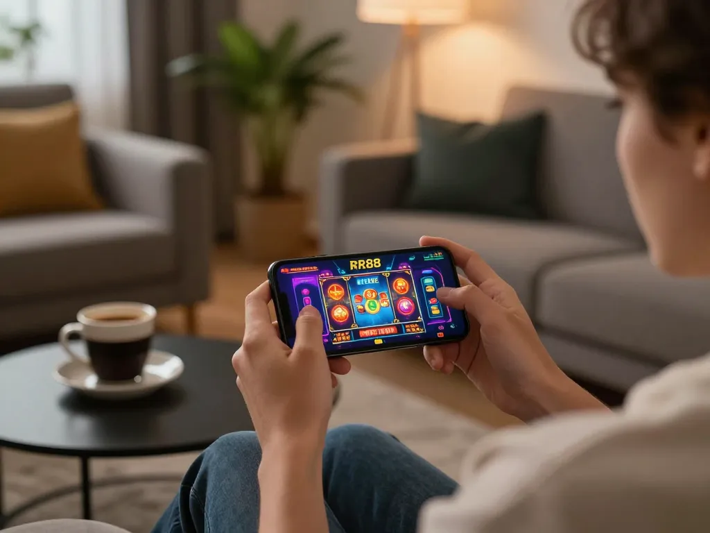 Player enjoying the RR88 mobile casino app while relaxing at home, showcasing vibrant gaming action.
