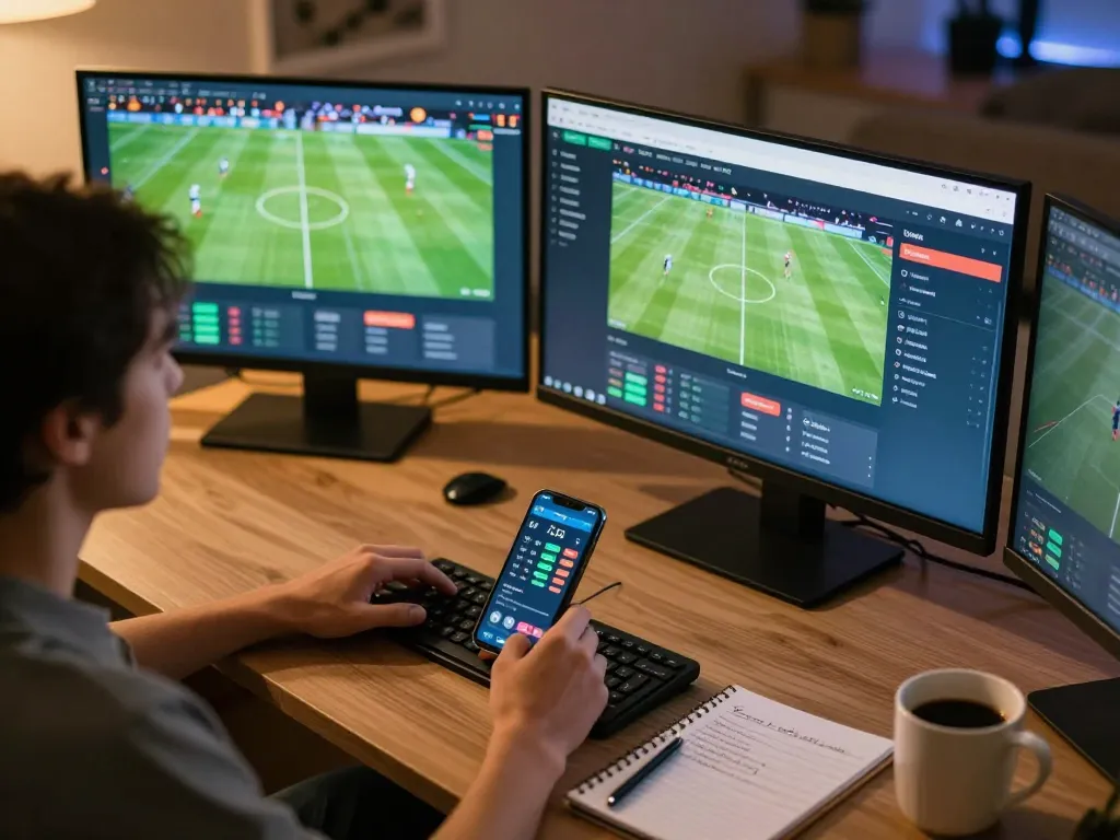 Cakhia TV displayed on multiple screens during an intense online betting session at home, showcasing football match data and strategies.