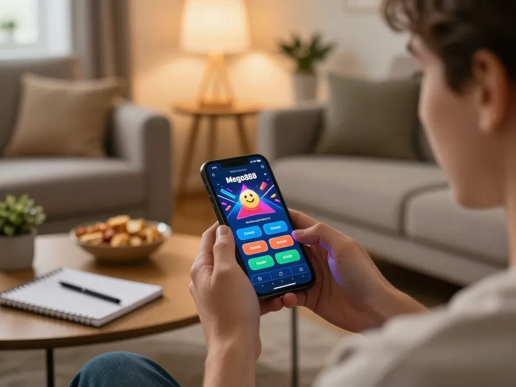 Mega888 player excitedly using smartphone for mobile gaming with strategic notes visible.