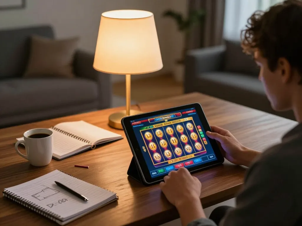Situs Judi Online pemain menikmati permainan slot di perangkat seluler dalam suasana rumah yang nyaman.