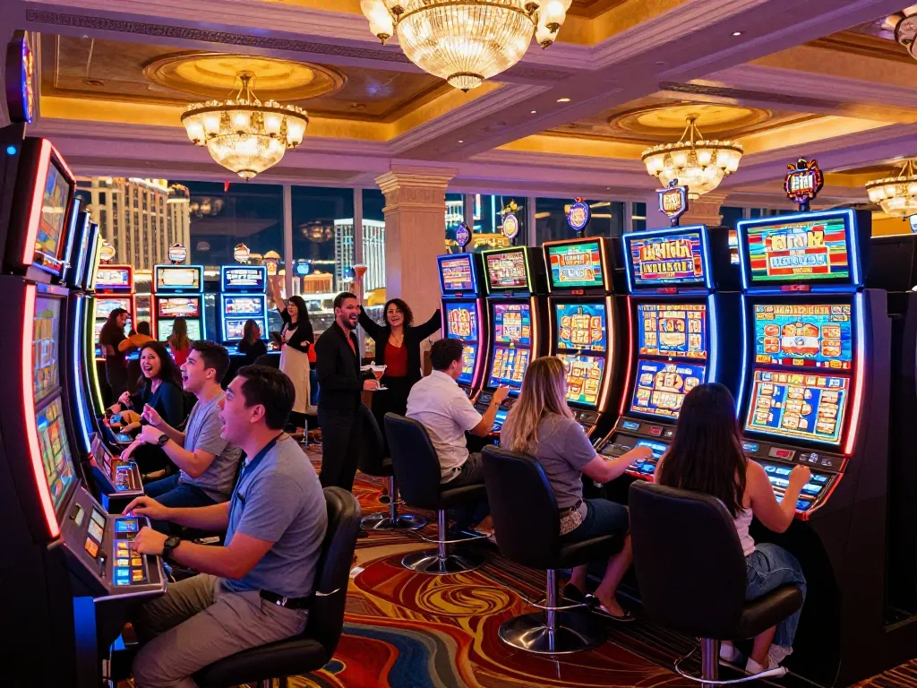 Pemain merayakan kemenangan besar di mesin link slot yang berwarna-warni di kasino Las Vegas.