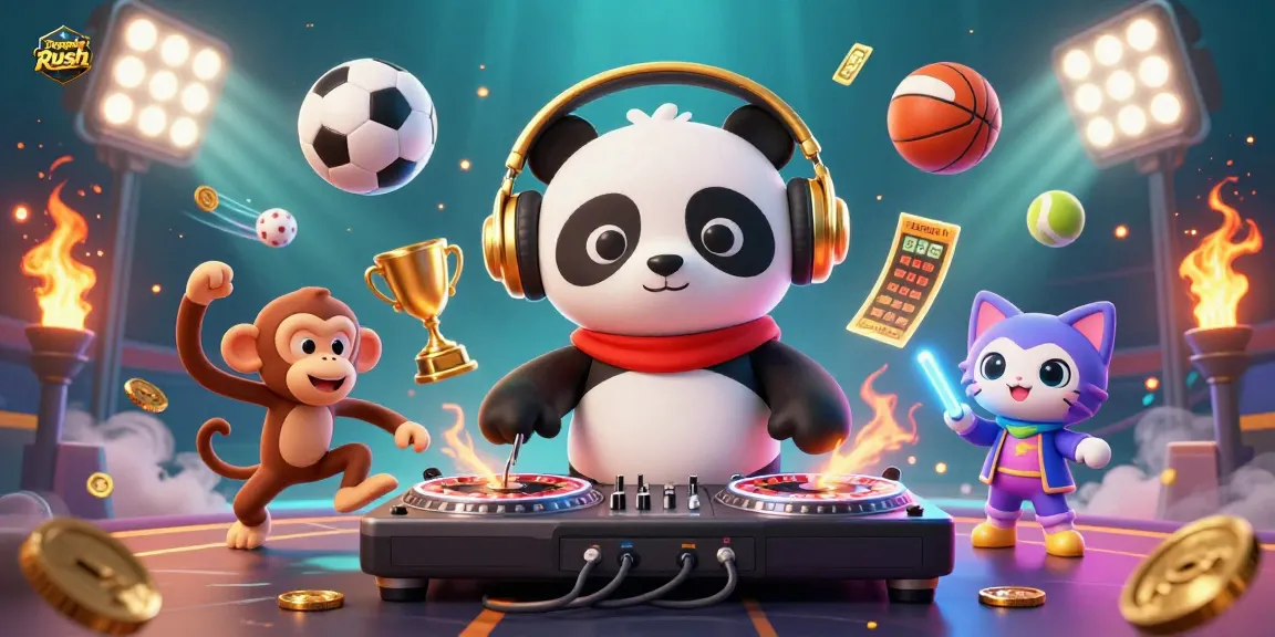 Poppers Rush showcases a lively scene with a DJ panda, breakdancing monkey, and glow-stick kitten enjoying the thrill of the game.