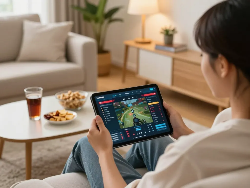 Engaging in esports betting Singapore on a tablet at home, showcasing online betting interface.