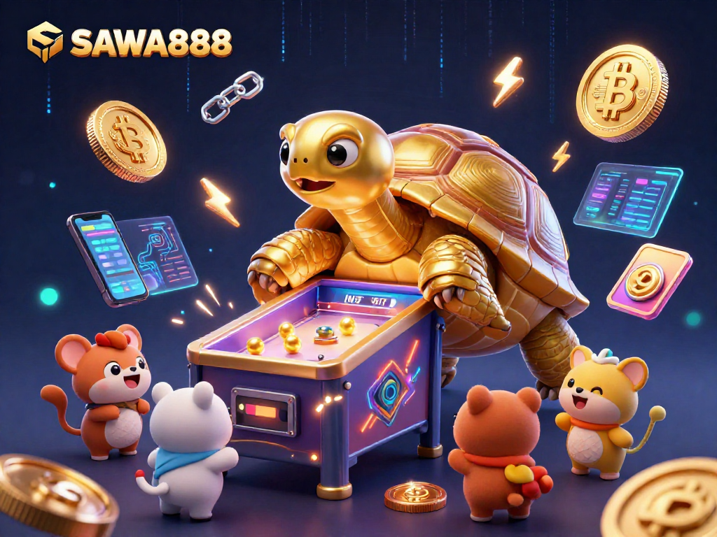 Experience gaming excitement at SAWA888 with a colossal golden tortoise pinball machine in a vibrant casino scene.