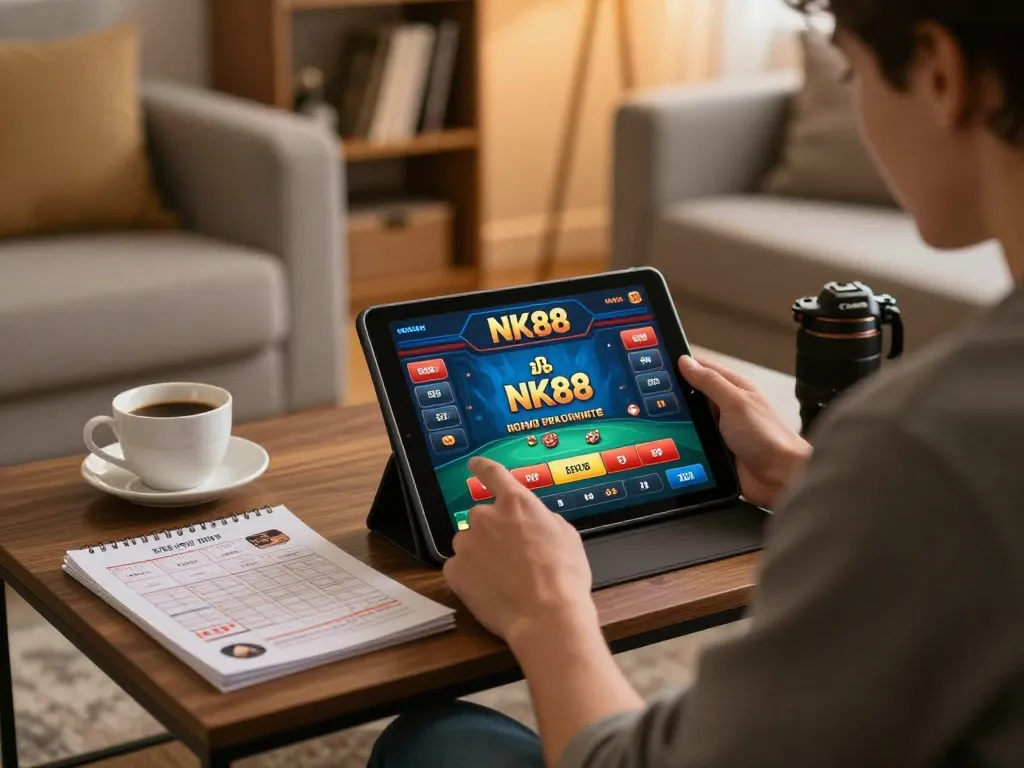 Player engaging with NK88 on a tablet in a cozy home setting, showcasing responsible gaming.