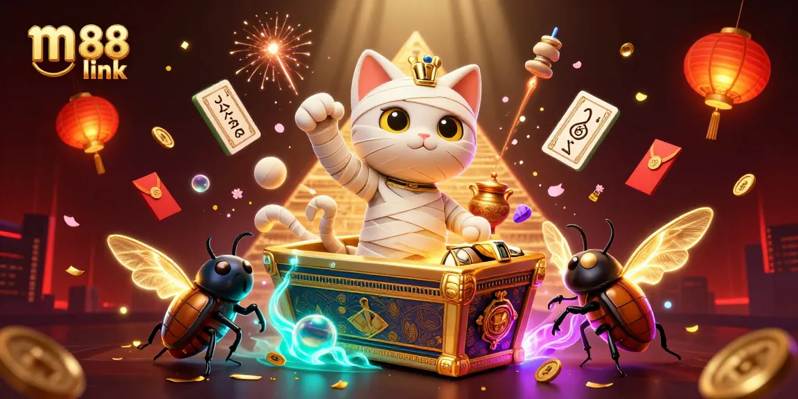 Bet on m88 link with the Egyptian mummy cat emerging from its sarcophagus amid vibrant casino elements.