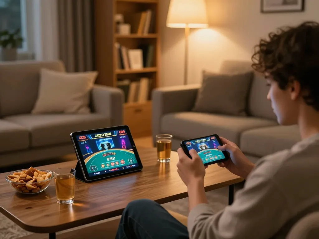 Person actively playing MM88 on a smartphone during a cozy gaming session at home.
