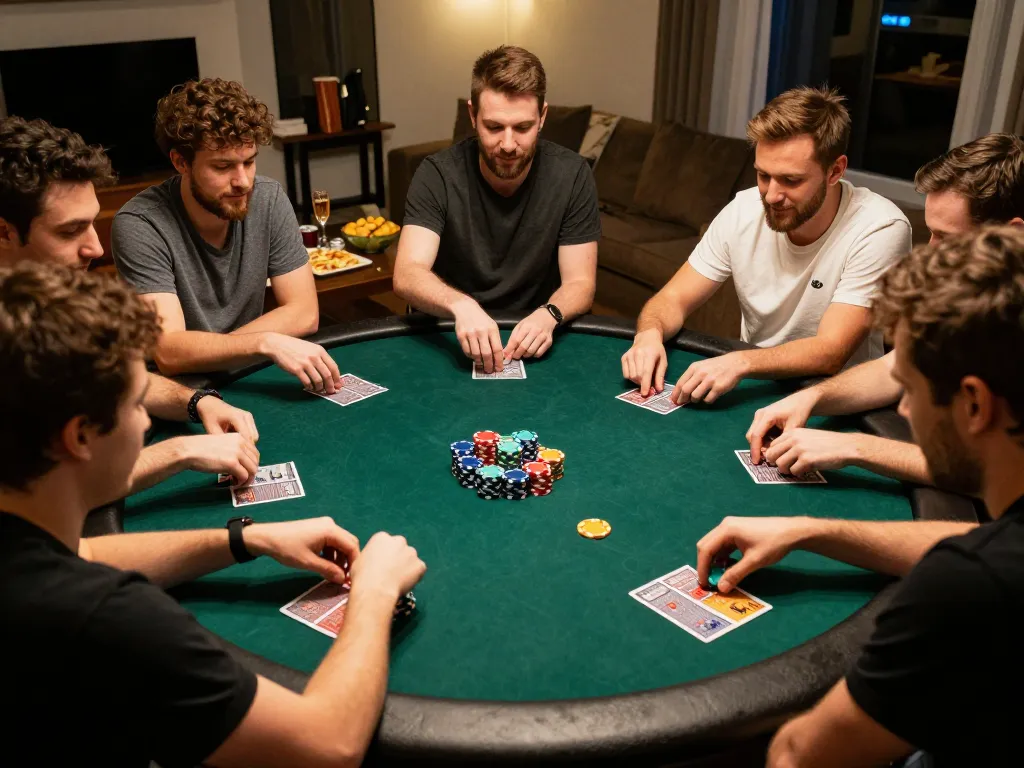 Players enjoying a lively poker night at home, showcasing the strategic fun of Jogoluck.