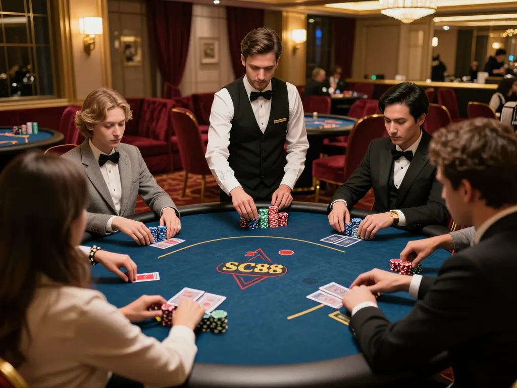 Players engaging in an intense poker game during SC88 VIP experience with detailed chips and cards in focus.