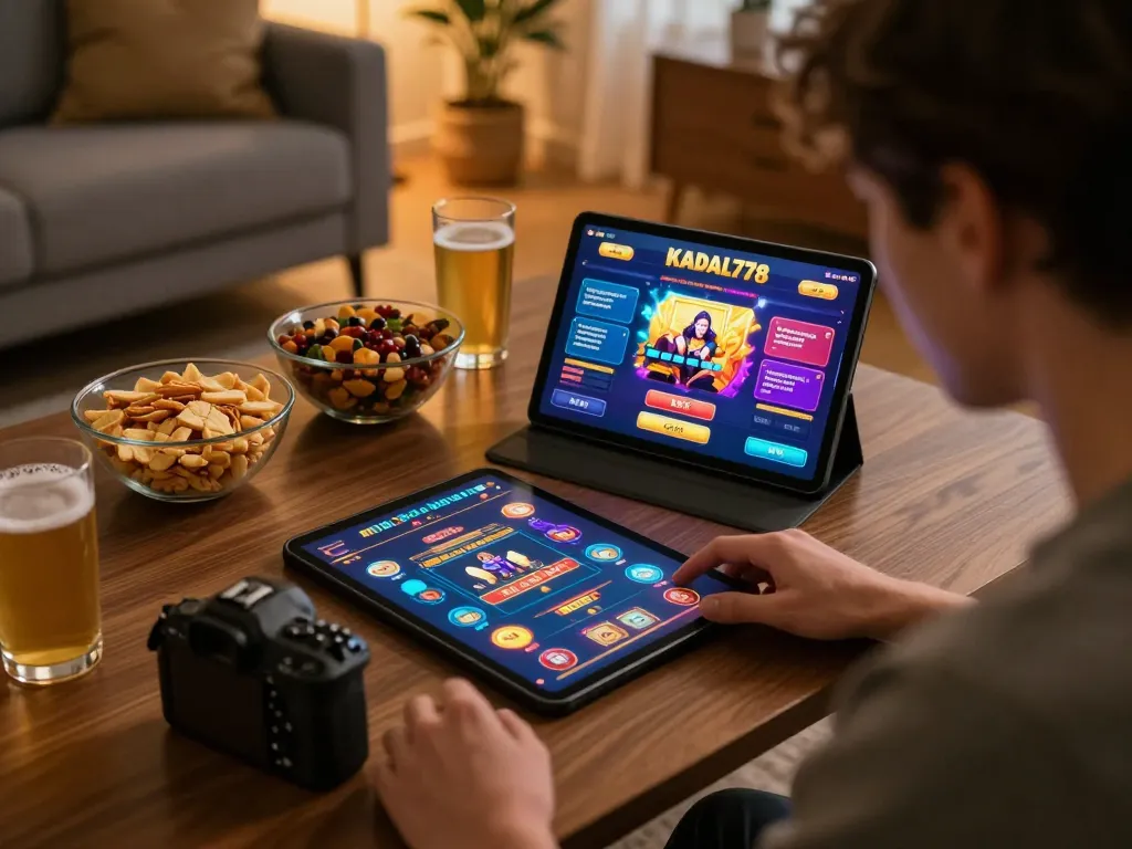 KADAL778 player enjoying interactive online gaming experience at home with a cozy setup.