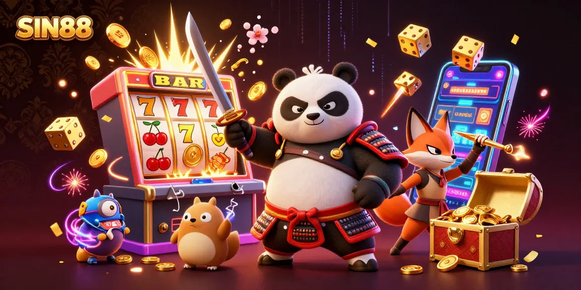 SIN88 brings luck with a fierce panda samurai and vibrant casino elements in a thrilling gambling scene.