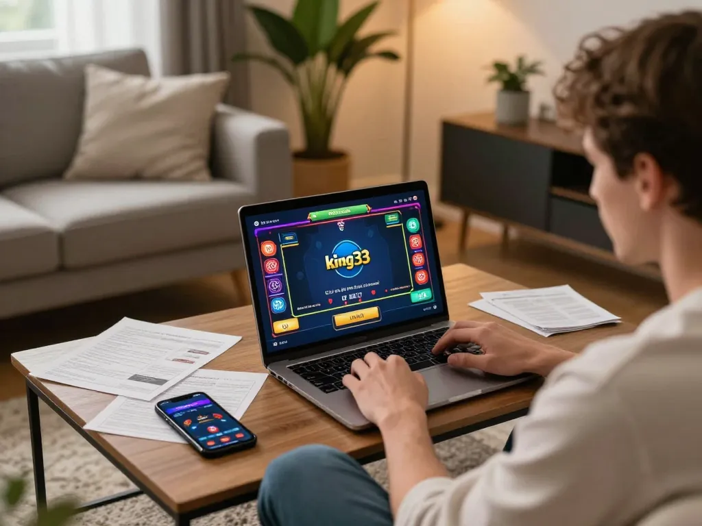 Player enjoys online poker on king33, cozy home gaming setup illuminated warmly.