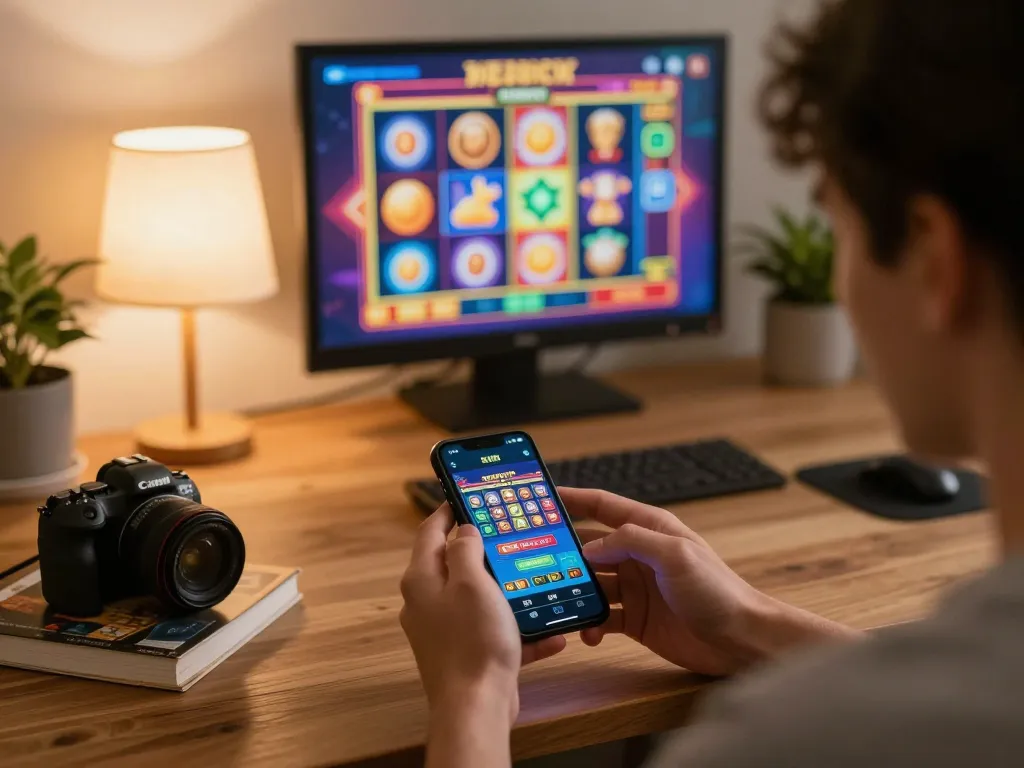 Player exploring exciting slot games on kdtoto app at home, absorbed in responsible gaming practices