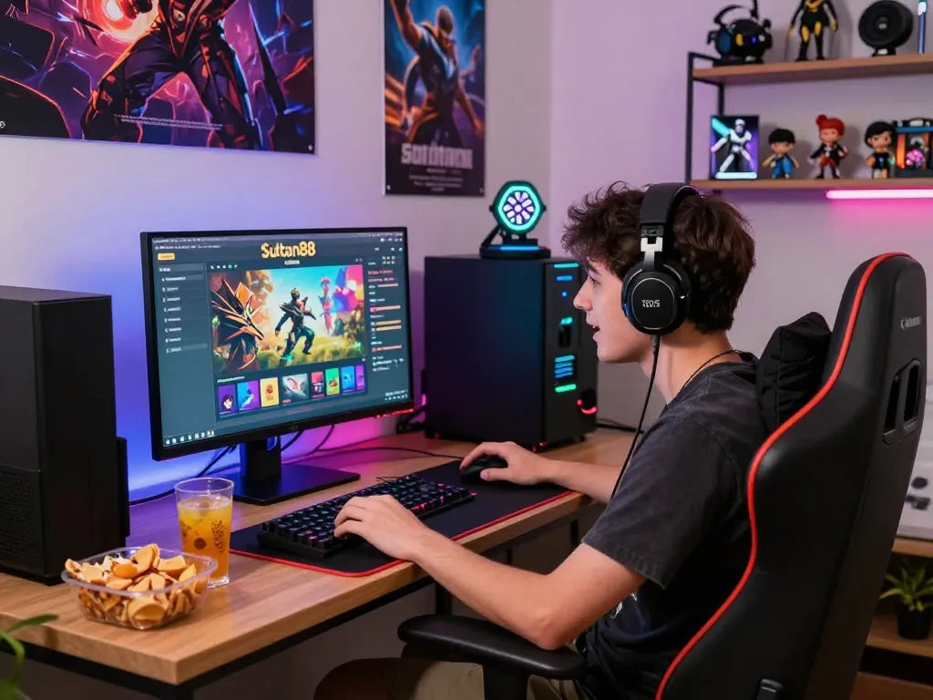 Enthusiastic player engaged with Sultan88 online gaming setup, showcasing immersive atmosphere and vivid neon lights.