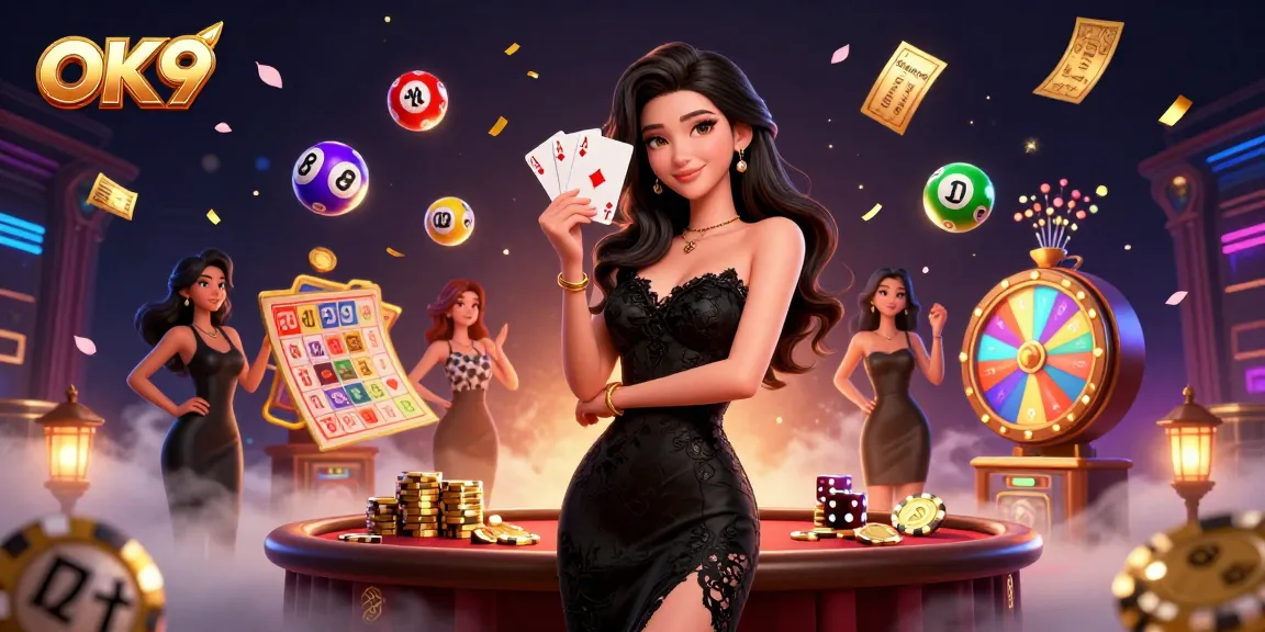 Play exciting games at OK9, featuring an elegant Asian woman holding cards in a dynamic casino scene.