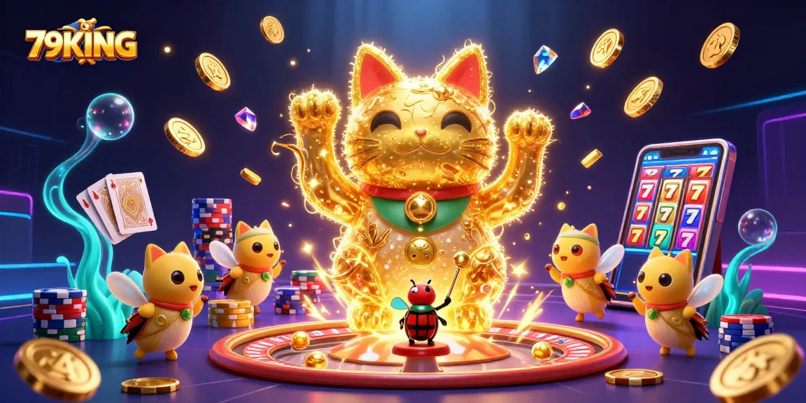 Experience 79KING's thrilling casino adventure with vibrant firefly characters and dynamic game elements.