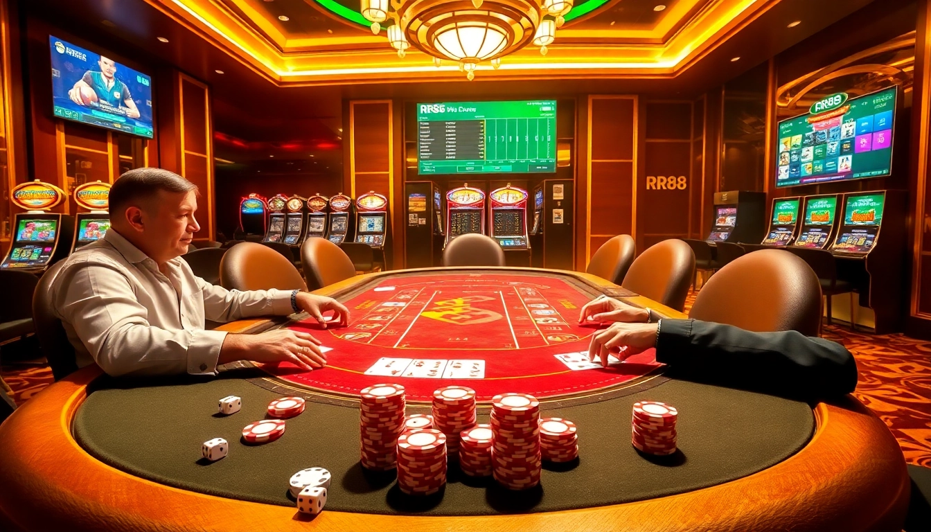 Players enjoying an intense poker game while engaging with the RR88 online interface, capturing excitement.