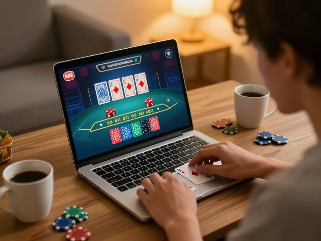 Player strategizing a blackjack game on their laptop at home, highlighting 99ok online gambling experience.