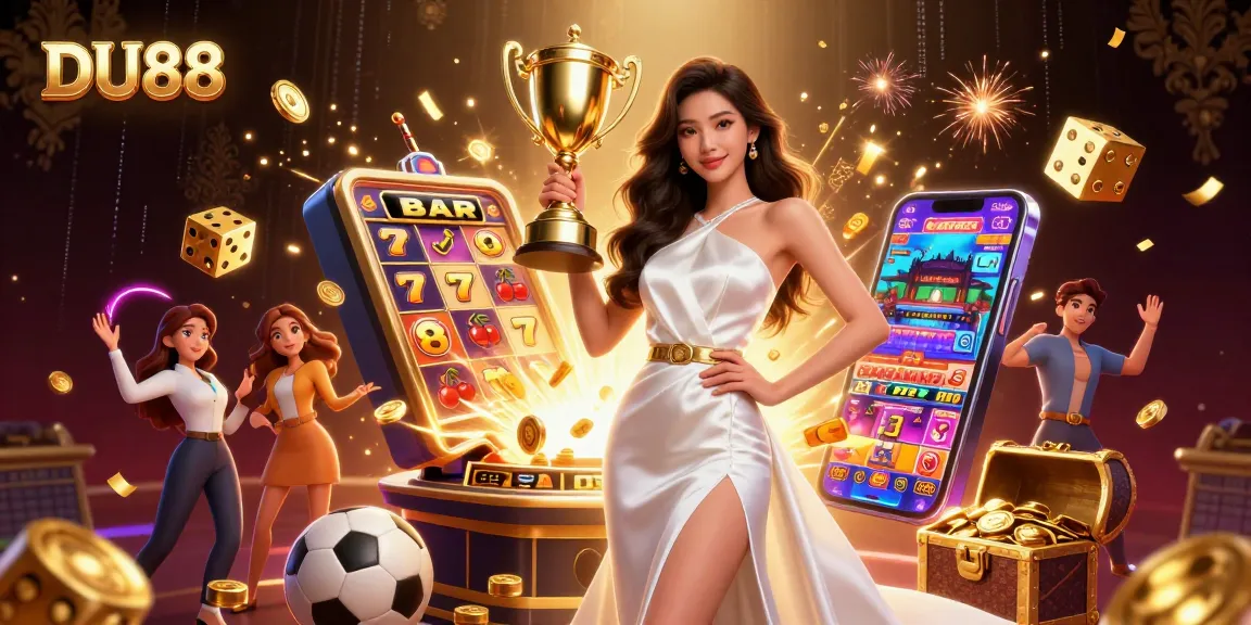Celebrate wins at DU88 with an impressive Asian woman holding a trophy amidst casino action.