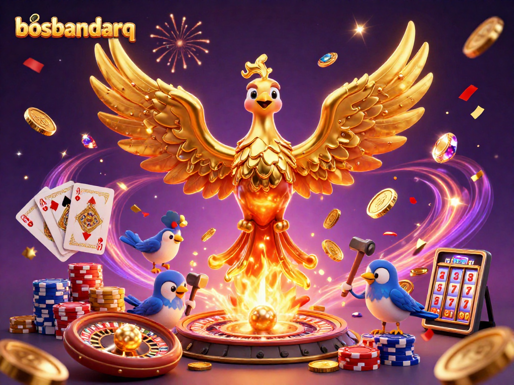 Experience the thrill of bosbandarq with a golden phoenix representing winning moments in this 3D casino artwork.