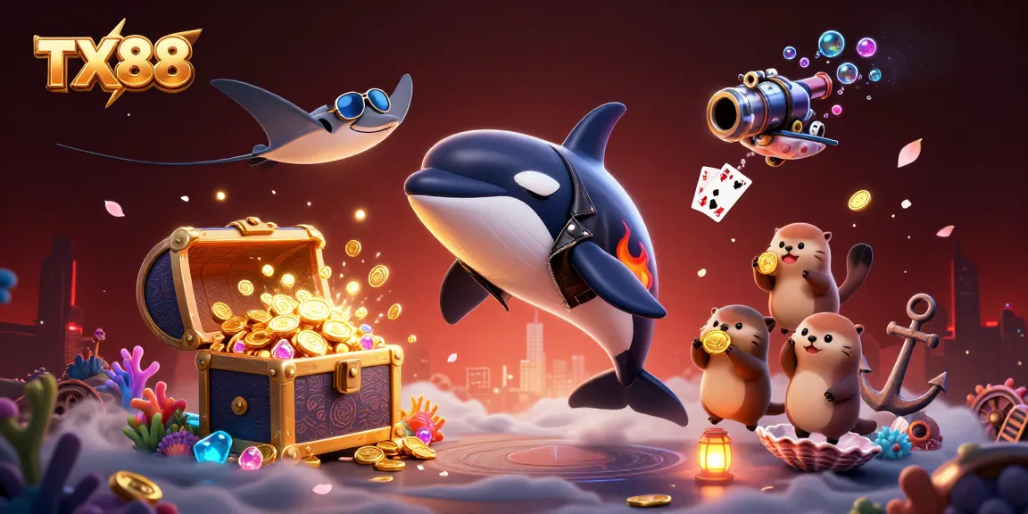 TX88 captivates with a vibrant underwater scene featuring an orca, stingray, and sea otters amidst casino elements.