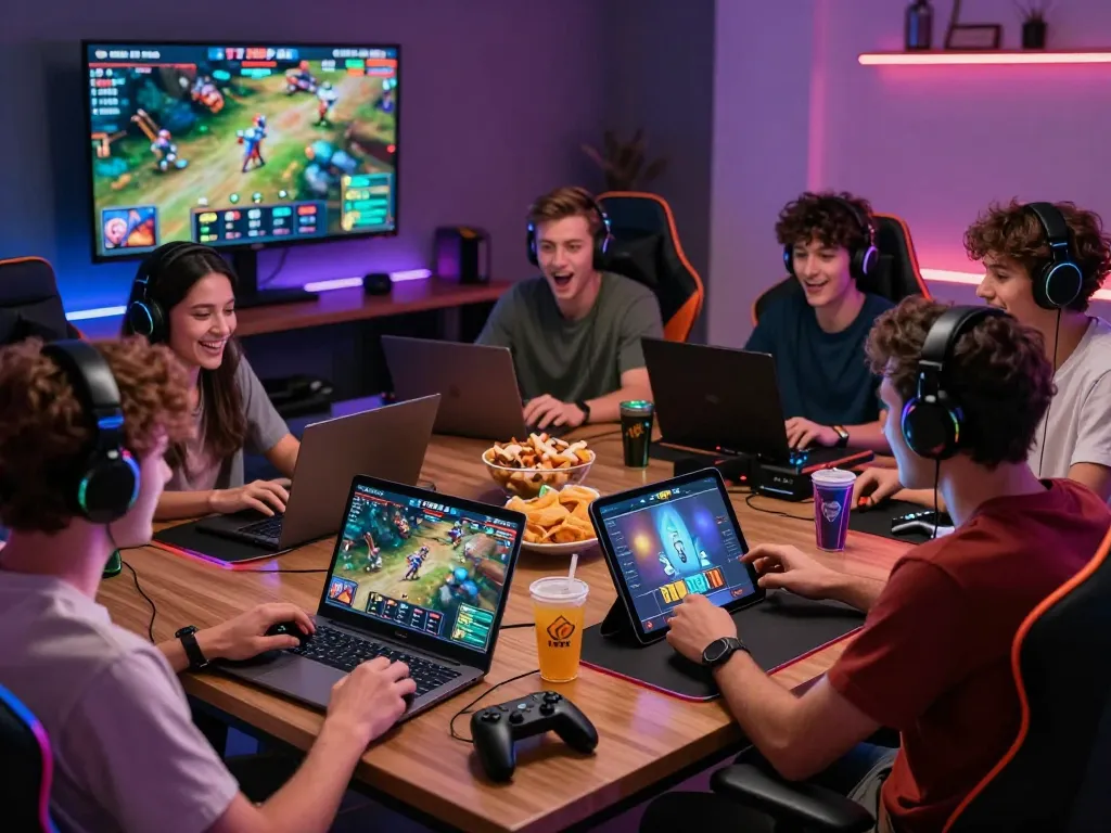 Players enjoying 789P GG on multiple devices in a vibrant gaming setup, showcasing excitement and community spirit.