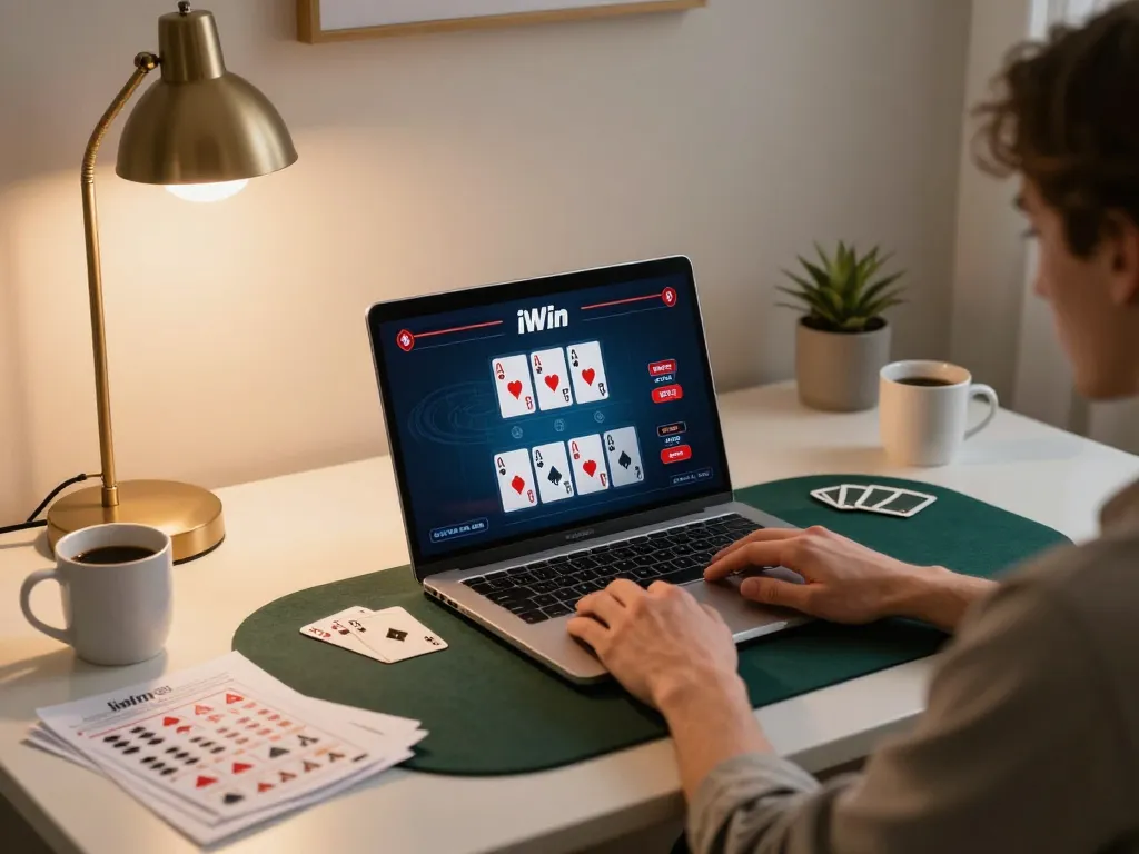 Player engaging in online poker at iWin, showcasing game interface and comfortable home setting.