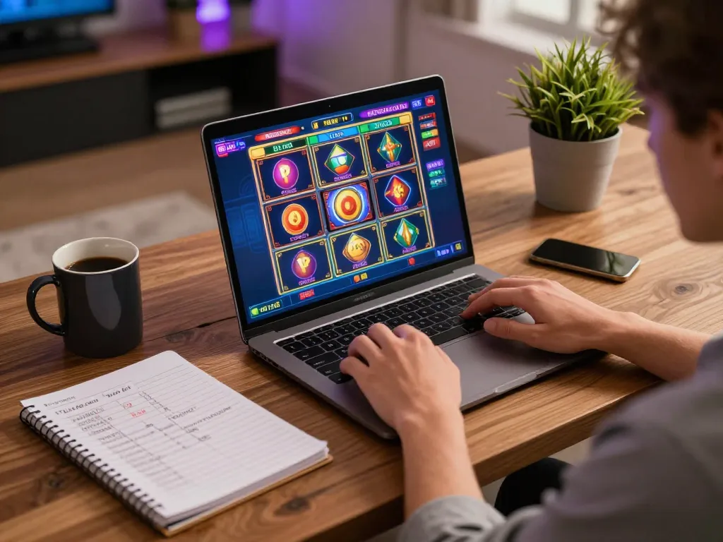 Enjoying LGOSUPER slot games on a laptop in a cozy online gaming atmosphere