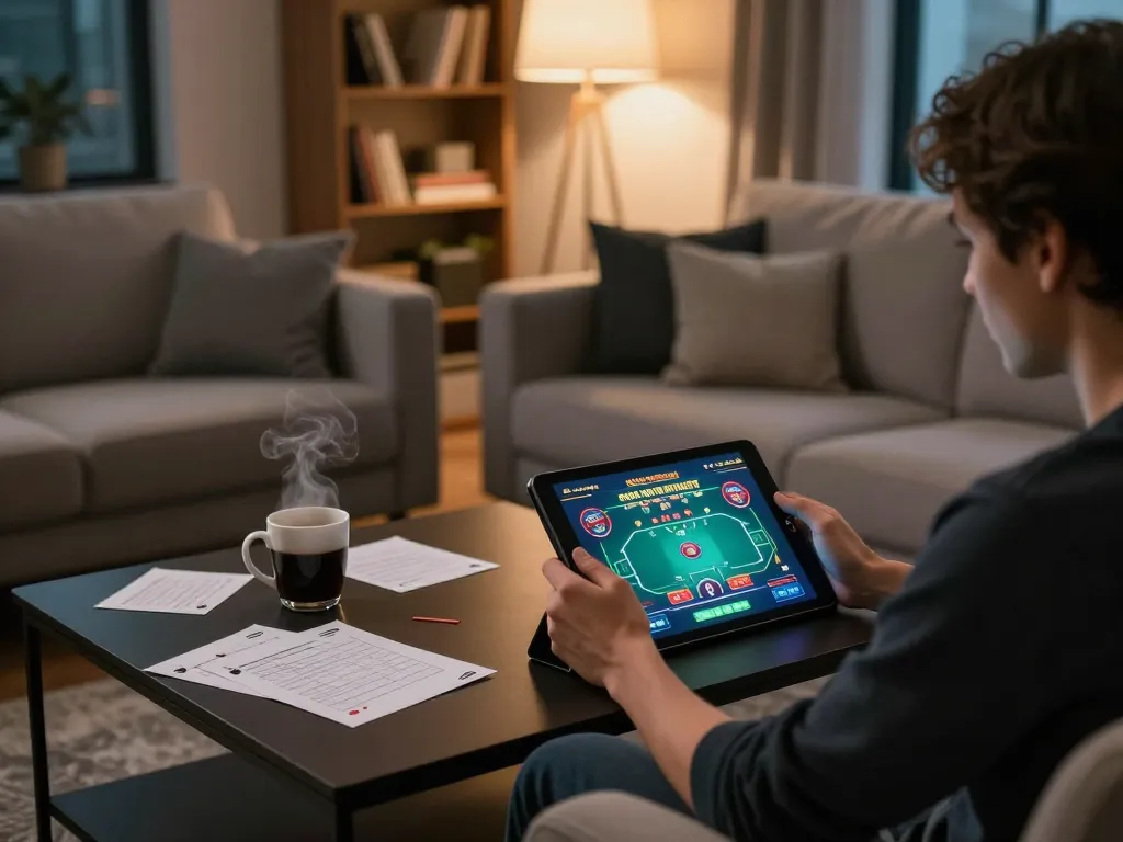bästa casino utan svensk licens showcases a player enjoying a tablet poker game in a cozy home atmosphere.
