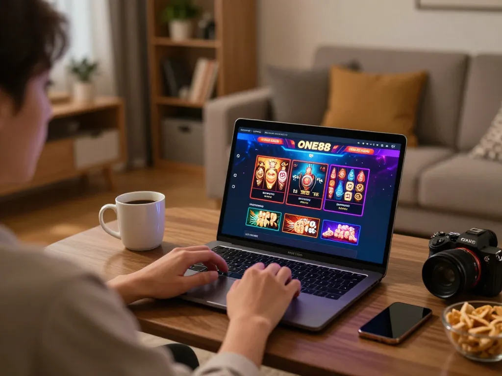 Engaged player exploring ONE88's online casino interface with vibrant poker and slot graphics