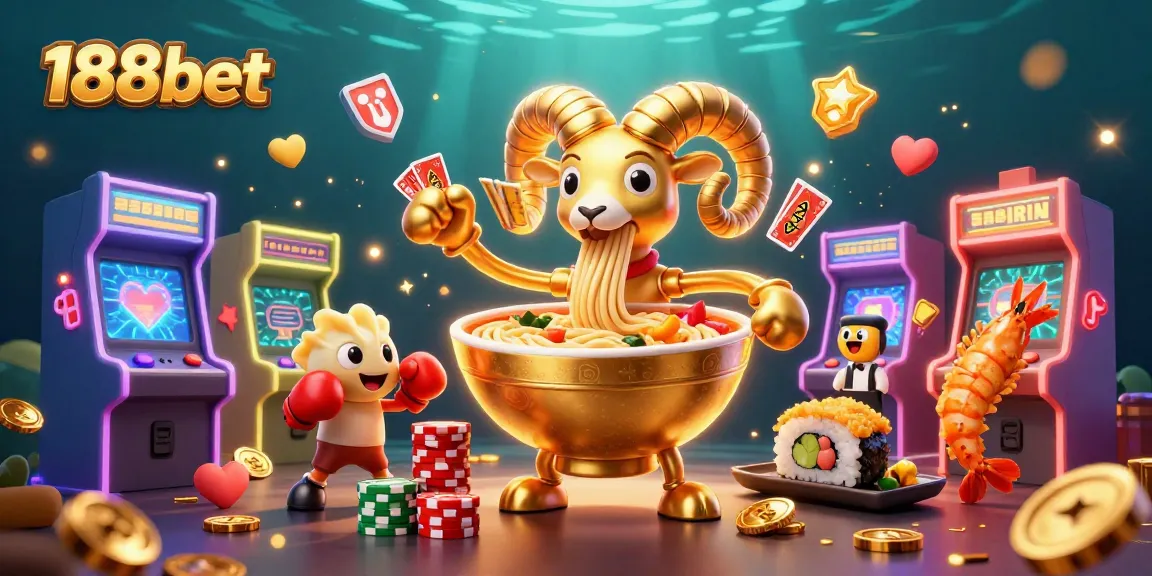 Experience thrilling gameplay with 188bet as a giant ramen bowl character deals cards and stacks chips in vibrant casino action.
