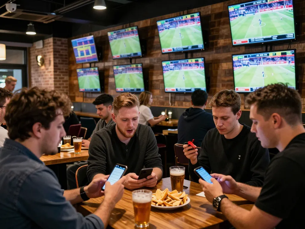 Tỷ lệ kèo nhà cái hôm nay as sports fans analyze live events and place bets at a vibrant sports bar.
