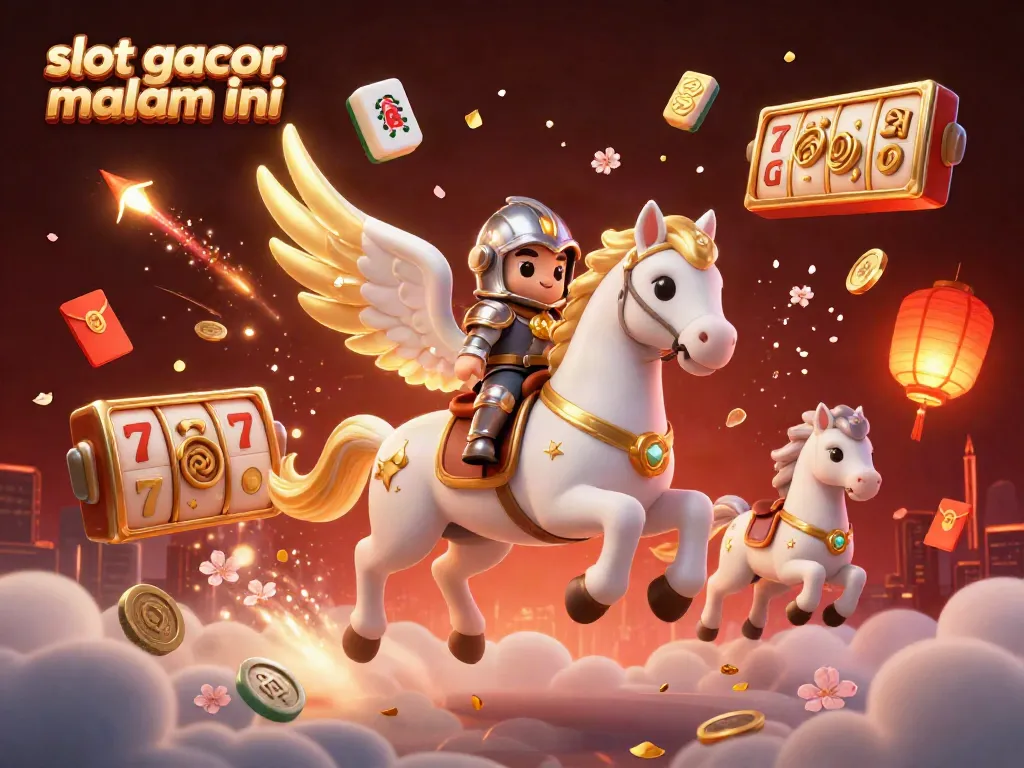 Ilustrasi slot gacor malam ini dengan kuda 3D dan knight, dikelilingi elemen kasino.